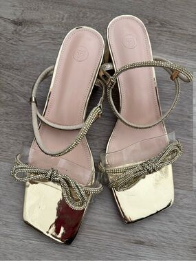 Women's Metallic Gold Bow Sandals with Clear Strap
